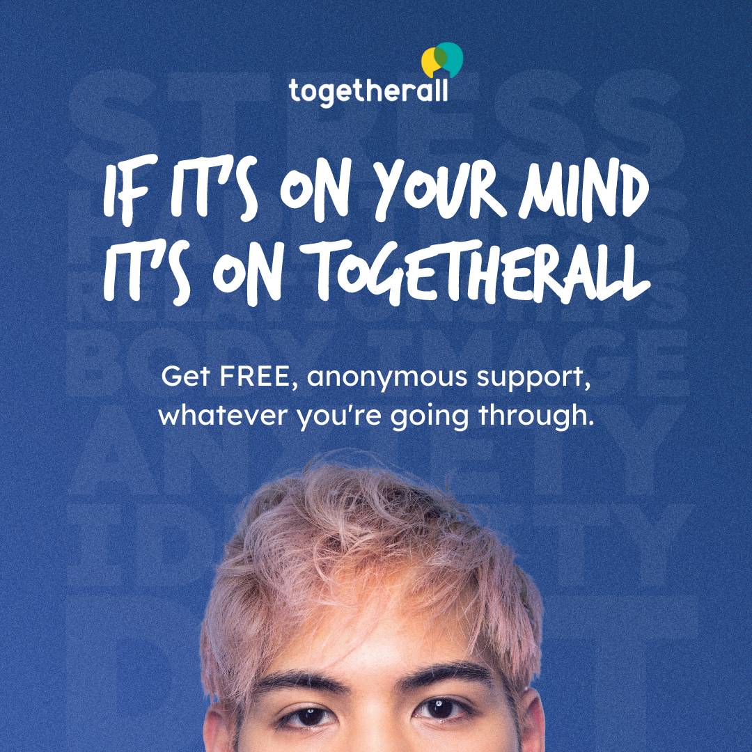 If it's on your mind, it's on Togetherall. Get FREE, anonymous support whatever you're going through. Image of person's face from the nose up. Togetherall logo